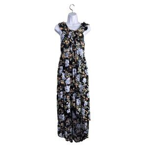 American Eagle Floral High-Low Maxi Dress‎ Black Blue Lace Up Ruffle XS Cottage